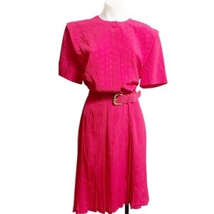 Vintage Hot Pink Pleated Dress With Belt by Leslie Fay